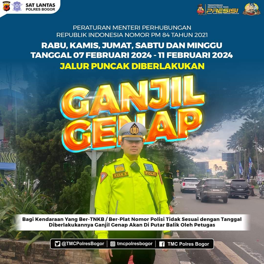 Mulai Besok 7 Sampai 11 Februari 2024 Puncak Ganjil Genap