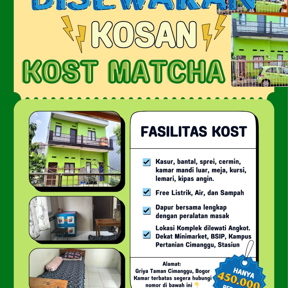 Kost Matcha | Dekat BSIP, Balitro, IRRI, Kampus Pertanian Cimanggu, Stasiun Bogor